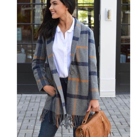 BB Dakota Elementary Plaid Fringed Coat - Picture 6 of 8